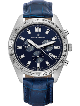 Men's watch with blue dial, three subdials, tachymeter bezel, and textured blue leather strap.