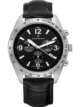Black dial men's watch with tachymeter, chronograph subdials, silver markers, and leather strap.