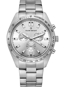 Men's chronograph watch with metallic bracelet, three sub-dials, tachymeter, and side pushers.