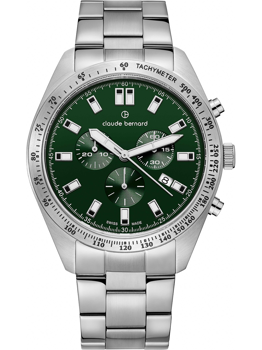 Green dial watch with three subdials, tachymeter bezel, and metallic bracelet by Claude Bernard.