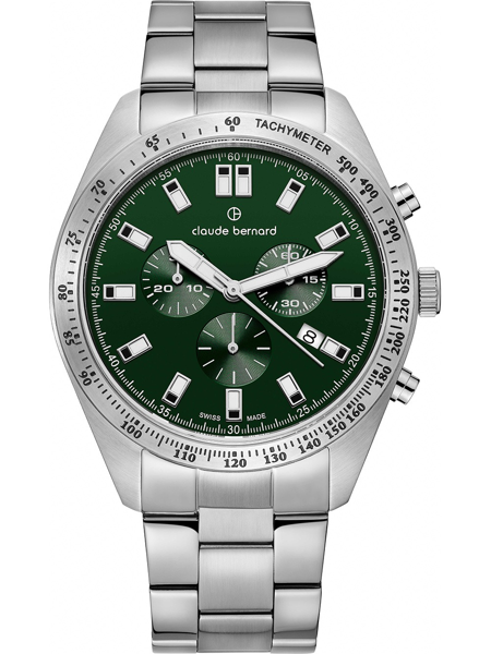 Green dial watch with three subdials, tachymeter bezel, and metallic bracelet by Claude Bernard.