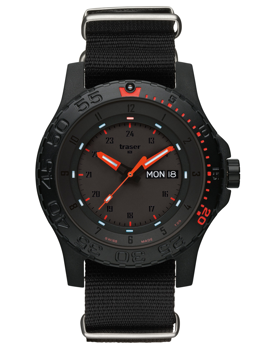 Black and red bezel watch with day-date display, black fabric strap, and metal buckle.