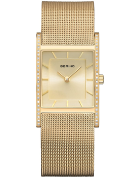 Gold rectangular Bering watch with stone border and matching mesh strap.