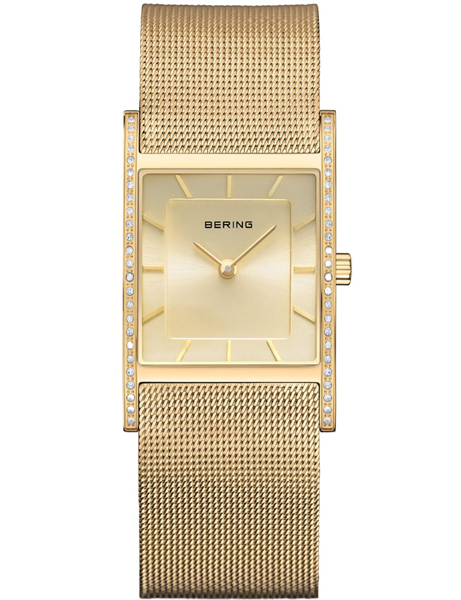 Gold rectangular Bering watch with stone border and matching mesh strap.