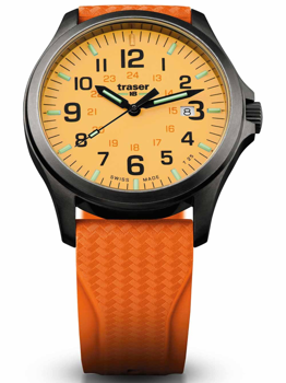 Yellow dial watch with black numerals, orange textured strap, and date window at 3 o'clock.