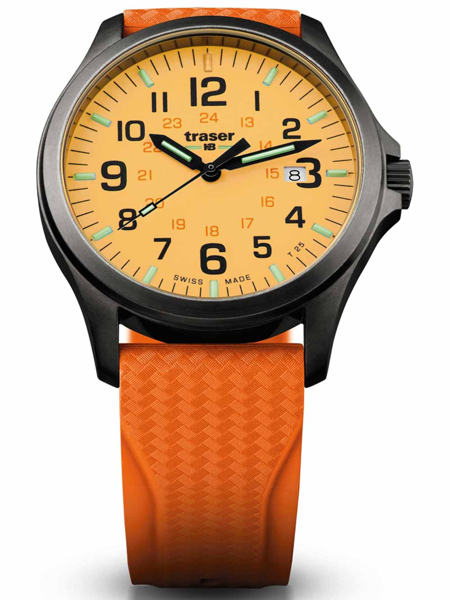 Yellow dial watch with black numerals, orange textured strap, and date window at 3 o\'clock.
