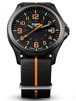 Black dial watch with orange numerals, date at 3 o'clock, black strap with orange stripe.