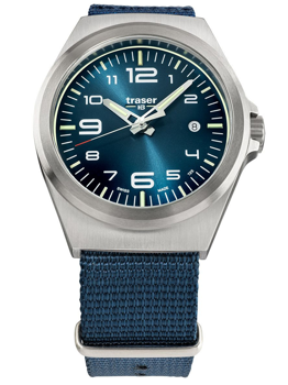 Blue dial watch with white numerals, date at 3 o'clock, metallic bezel, blue fabric strap.