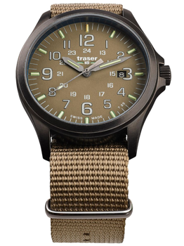 Khaki dial watch with large numerals, 24-hour markers, date at 3 o'clock, and a khaki strap.