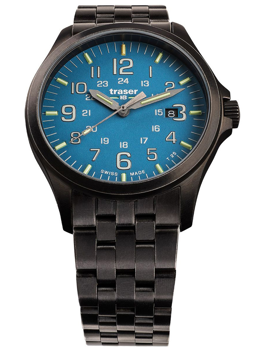Blue dial watch with luminescent markers, date at 3 o'clock, and metal linked bracelet.