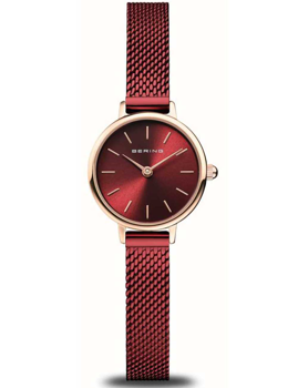 Round red dial ladies' watch with a matching red strap, featuring the brand name "BERING" on the face.