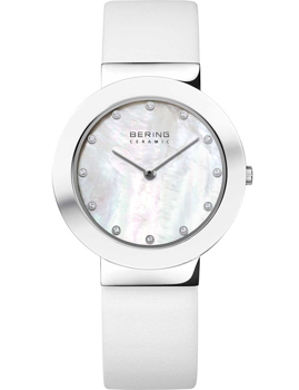 Bering ladies watch with white ceramic strap, mother-of-pearl dial, silver markers, and brand logo.