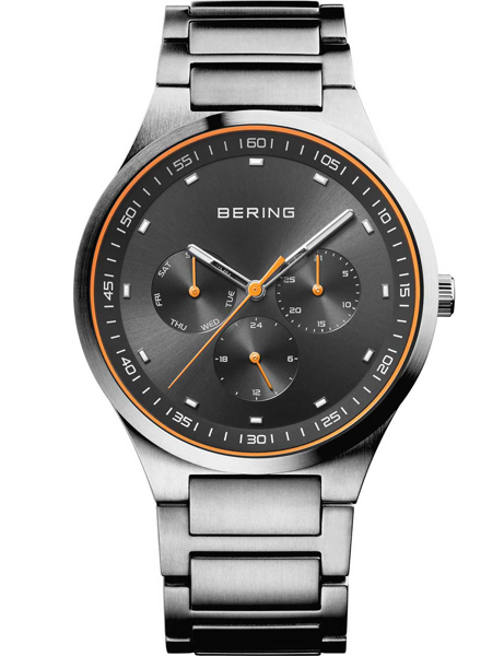 Stainless steel watch with dark face, three sub-dials, and orange accents around the edge.