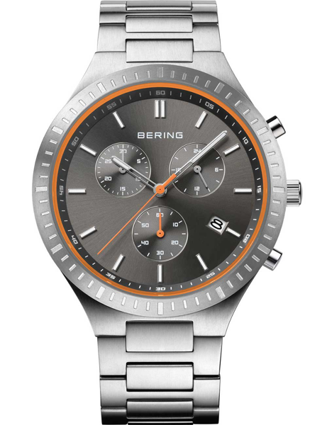 Bering titanium chronograph watch with gray dial, orange accent, date window, and silver bracelet.