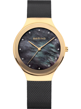 Gold case, dark textured dial with crystal markers, black mesh band. Bering 12934-132 Ladies Watch.