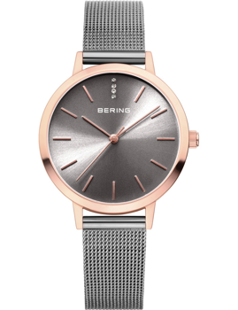 Round gradient dial, rose gold hands, crystals at 12, mesh strap; Bering logo at center.