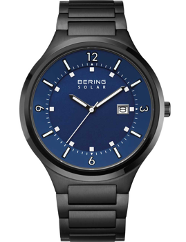 Bering men's watch with blue face, dark metallic band, date window at 3 o'clock, "BERING SOLAR" text.