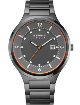 Bering men's solar watch, gray dial, orange accents, date at 3 o'clock, brushed metal bracelet.