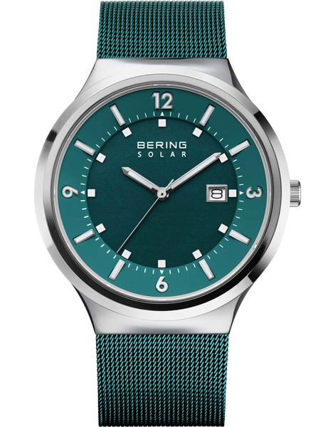 Teal Bering Solar watch with mesh band, date at 3 o\'clock, and silver hour markers and hands.