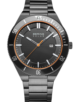 Bering 14443-779 solar watch with black dial, orange accents, date at 3 o'clock, metal bracelet.