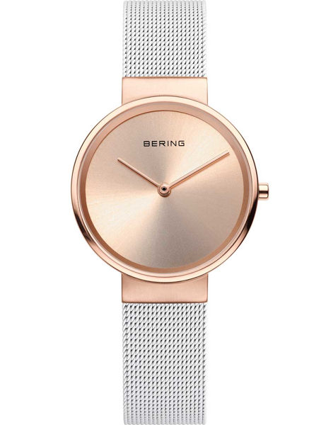 Rose gold minimalist watch with mesh band, round face, and "BERING" logo at the top.