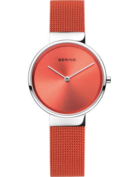 Orange Bering ladies\' watch with a solid dial, two hands, and a matching mesh band.