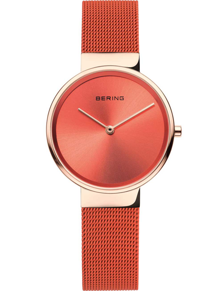 Round orange dial Bering watch, no markers, mesh strap, and brand name on face.