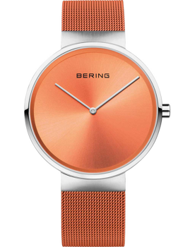 Orange sunburst dial watch with minimalist design, orange mesh strap, and a crown on the right side.