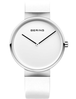 Minimalist Bering watch with white dial, black hands, silver case, and white strap.