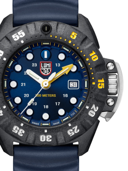 Blue dial watch with white markers, yellow hands, date display, and 500m water resistance.