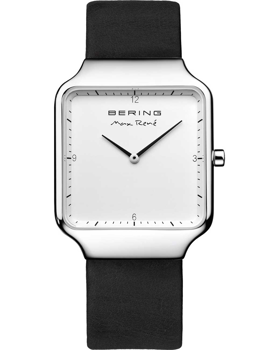 Square watch face with black strap, silver case, and "BERING Max René" branding on the dial.