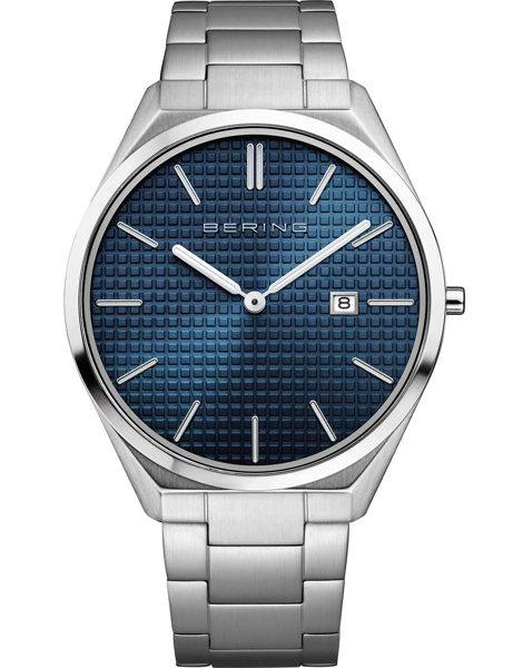 Bering 17240-707 watch with blue grid face, metal bracelet, and date at 3 o\'clock.