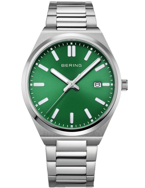 Green dial watch with silver markers, date at 3 o\'clock, and metallic linked bracelet.