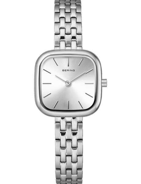 Square metallic watch with minimalist face, simple markers, two hands, and linked bracelet.