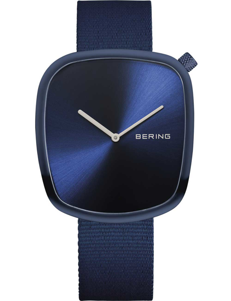 Square watch with rounded edges, deep blue sunburst dial, silver hands, blue strap, Bering logo.