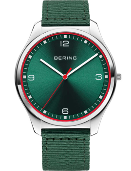 Green dial watch with silver markers, red second hand, matching green strap, and right side crown.