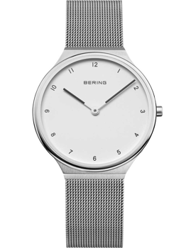 Ultra-slim Bering watch with white face, black hands, silver mesh strap, and Arabic numerals.