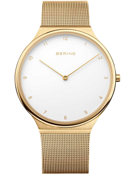 Gold mesh band, white dial with minimalist markers, Bering logo, 40mm Classic Men's Watch.