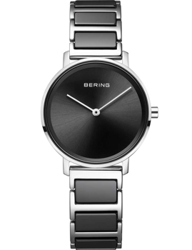 Bering ladies watch with black dial, silver hands, and black-silver linked band. Brand "BERING".