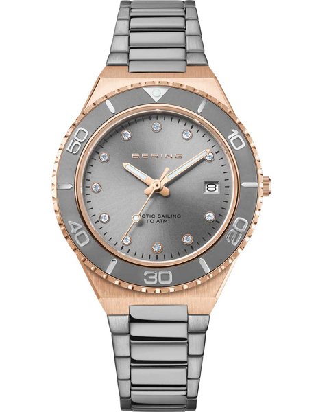 Ladies watch with gray dial, crystal markers, date window at 3 o\'clock, and numbered bezel.