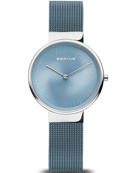 Bering 19031-308 Ladies Watch with textured blue face, mesh band, and minimalist design.