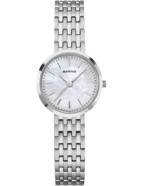 Bering ladies watch with round face, simple markers, and silver metal bracelet.