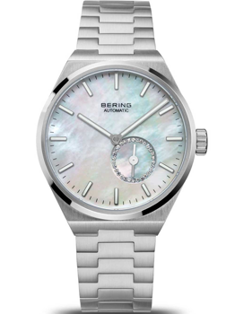 Bering ladies watch with mother-of-pearl face, subdial, metallic band, and "AUTOMATIC" label.