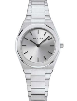 Bering ladies watch with round minimalist dial, metallic linked bracelet, and "BERING" on the face.