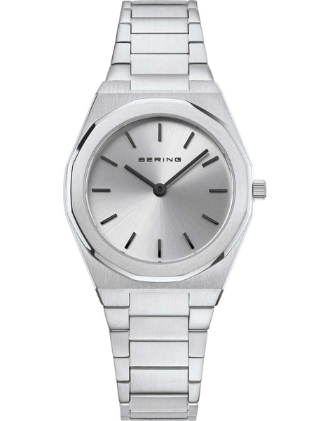 Bering ladies watch with round minimalist dial, metallic linked bracelet, and "BERING" on the face.