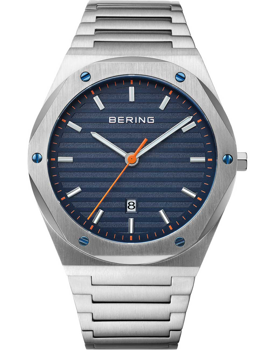 Silver Bering men's watch with blue textured dial, silver markers, date at 6 o'clock, brushed strap.