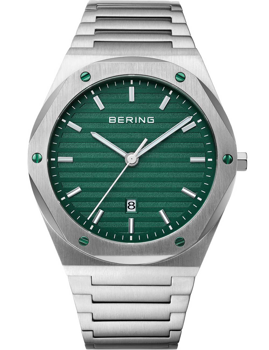 Green striped dial, silver hour markers, silver bracelet, bezel with screws, date at 6 o'clock.