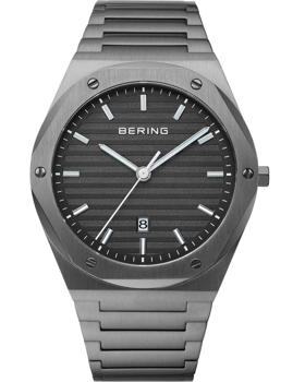 Stainless steel men's watch with dark lined dial, hour markers, date at 6, and "BERING" logo.