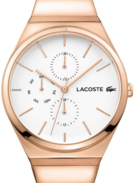Lacoste rose gold watch with white face, sub-dials for days and 24-hour time, minimalist design.