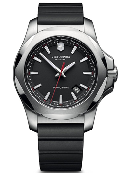 Victorinox men's watch with black dial, strap, logo, date at 4:30, and 200m water resistance.
